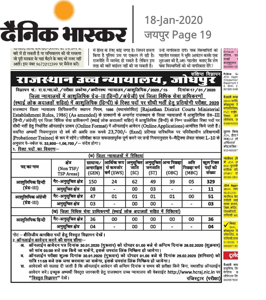 RAJASTHAN HIGH COURT STENOGRAPHER VACANCY OUT 